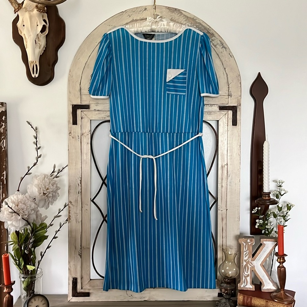 Vintage 80s Blue and White Pinstripe Dress
